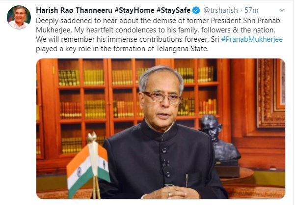 Minister Harish Rao mourns on death of Pranab Mukherjee