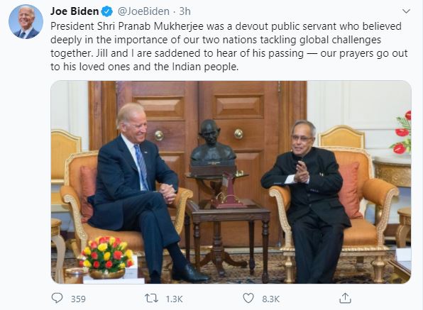 pranab mukherjee death, joe biden, joe biden tweet, joe biden's condolence tweet, biden condolence on pranab's death, ପ୍ରଣବ ମୁଖାର୍ଜୀ ଦେହାନ୍ତ, ଜୋ ବିଡେନ, ଜେ ବିଡେନ ଟ୍ବିଟ, ଜୋ ବିଡେନଙ୍କ ଶୋକ ପ୍ରକାଶ, ପ୍ରଣବଙ୍କ ମୃତ୍ୟୁରେ ବିଡେନଙ୍କ ଶୋକ ପ୍ରକାଶ