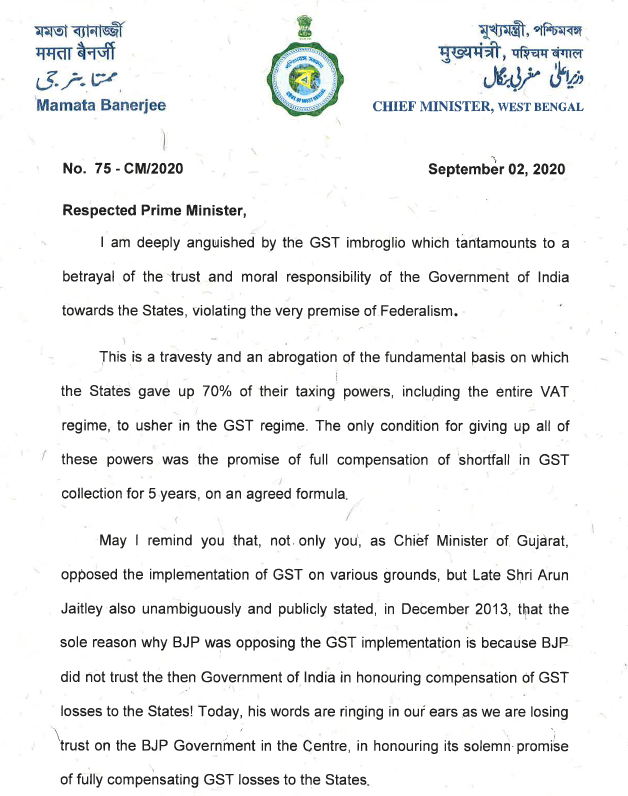 mamata writes letter to pm over gst dues