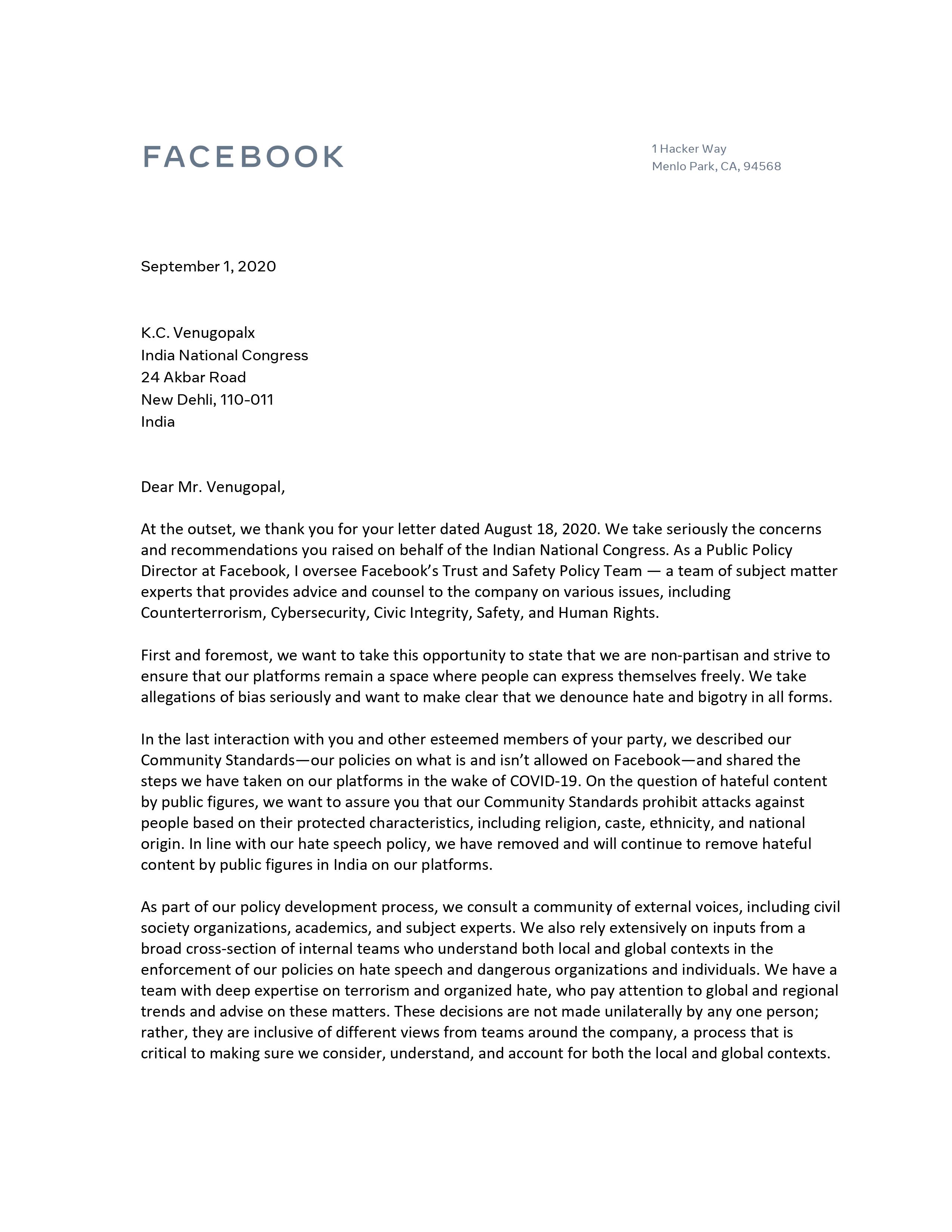 Facebook responds to Congress Party's letter