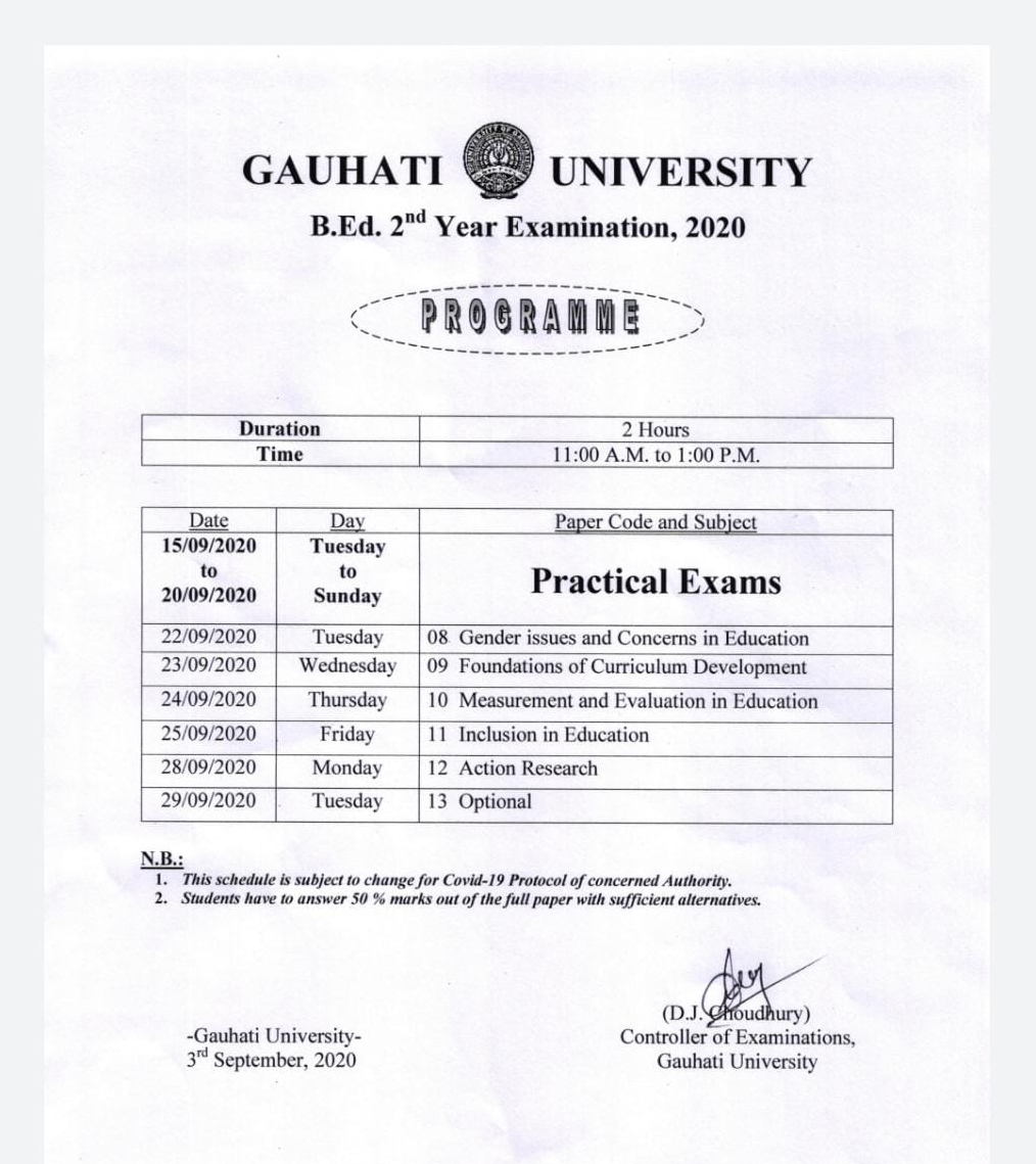 Gauhati University B.Ed Exm Conducting by September 15