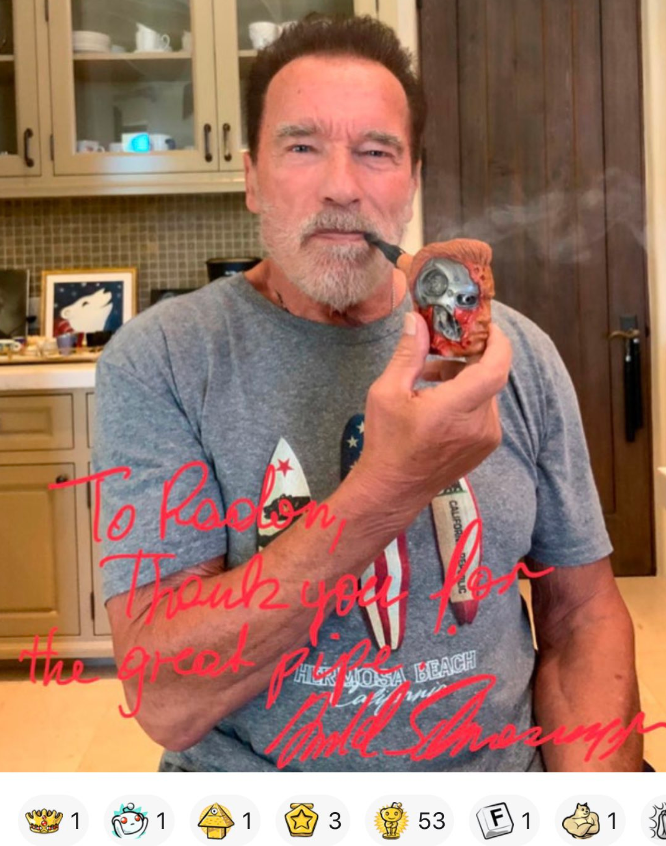 Hand-carved Terminator pipe made by Fan gifted to Arnold Schwarzenegger