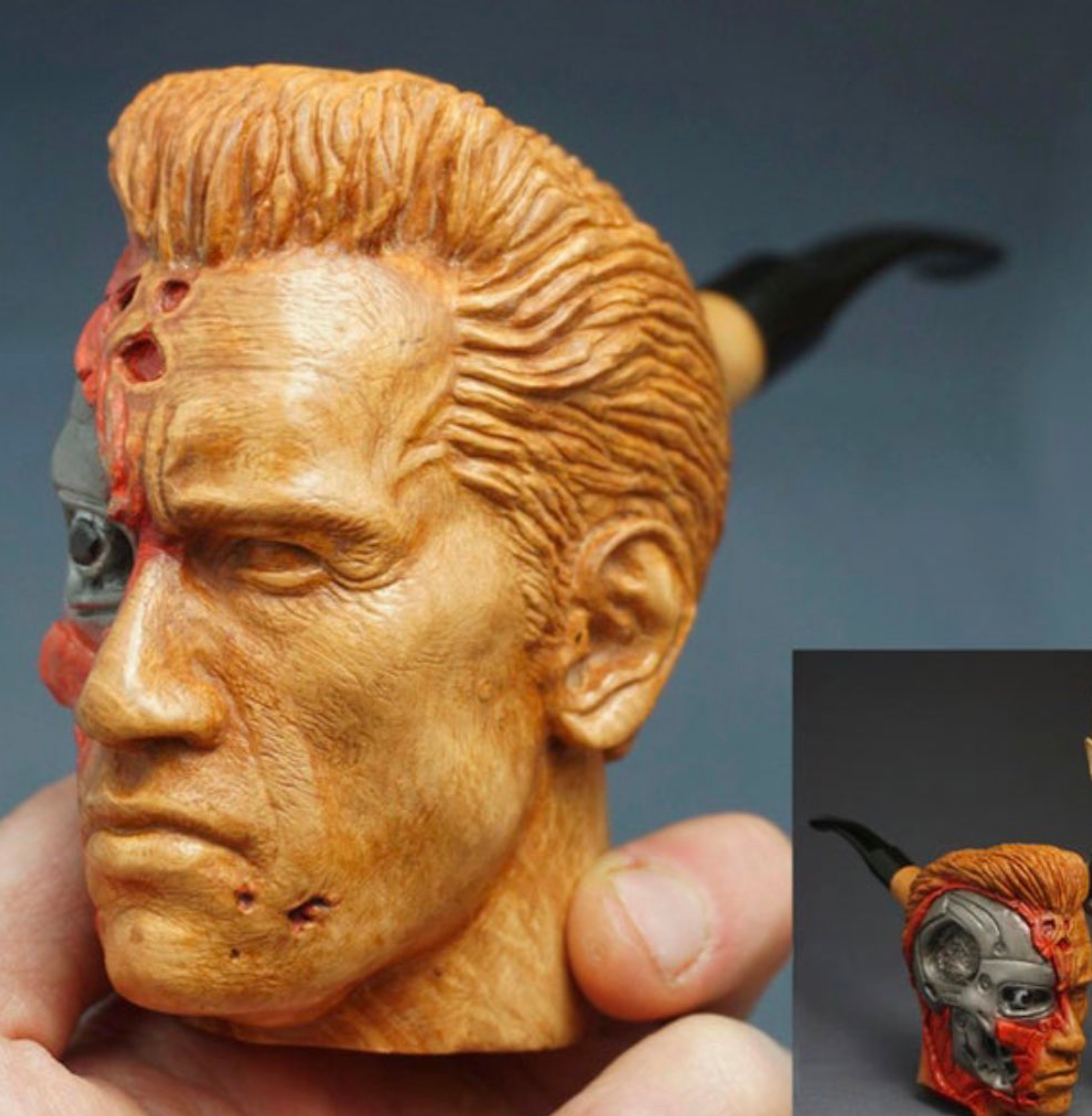 Hand-carved Terminator pipe made by Fan gifted to Arnold SchwarzeneggerHand-carved Terminator pipe made by Fan gifted to Arnold Schwarzenegger