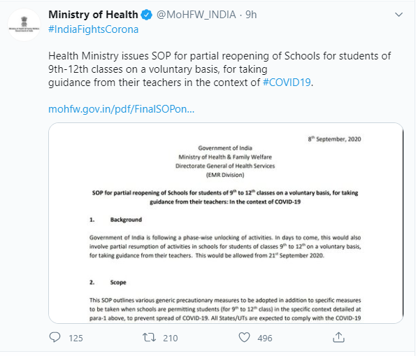 Health ministry guidelines for reopening schools