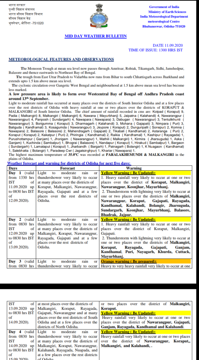 ଲଘୁଚାପ ପ୍ରଭାବରେ ୪ ଦିନ ପ୍ରବଳ ବର୍ଷା ସମ୍ଭାବନା