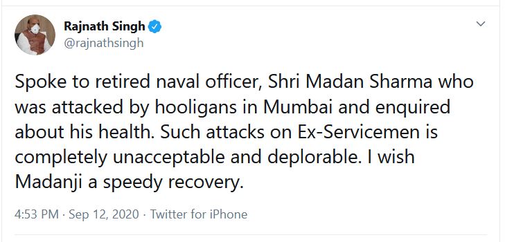 Defense Minister Rajnath Singh talks to Navy veteran Madan sharma who attacked by goons in Maharashtra