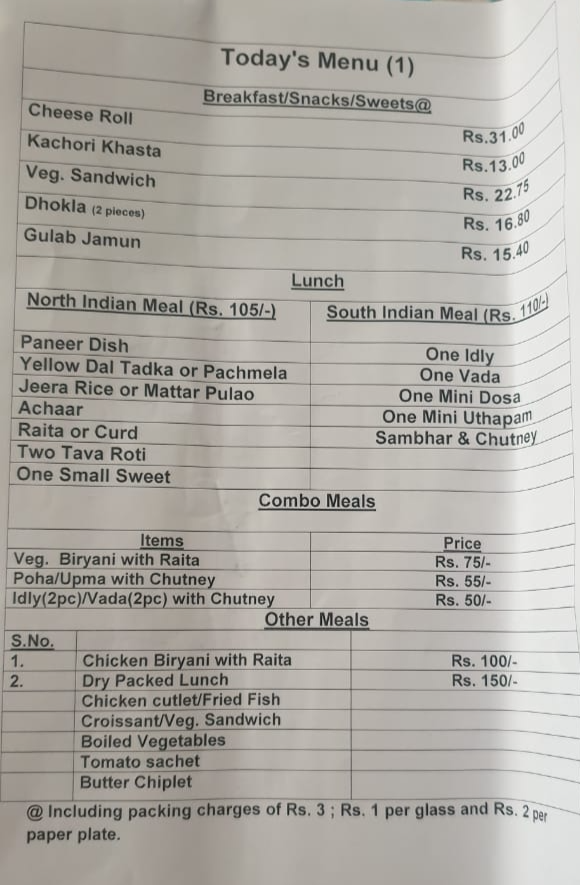 Parliament canteen Menu