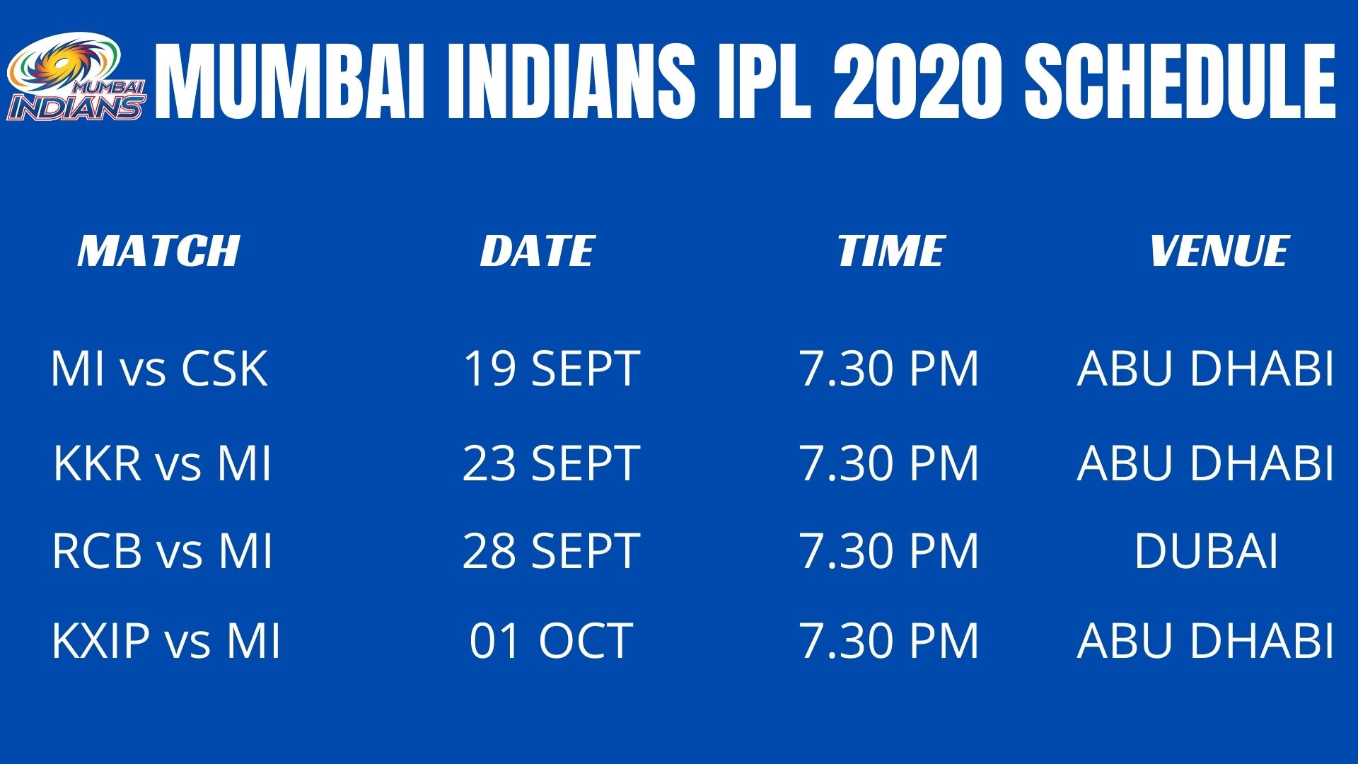 MUMBAI INDIANS IPL 2020 SCHEDULE