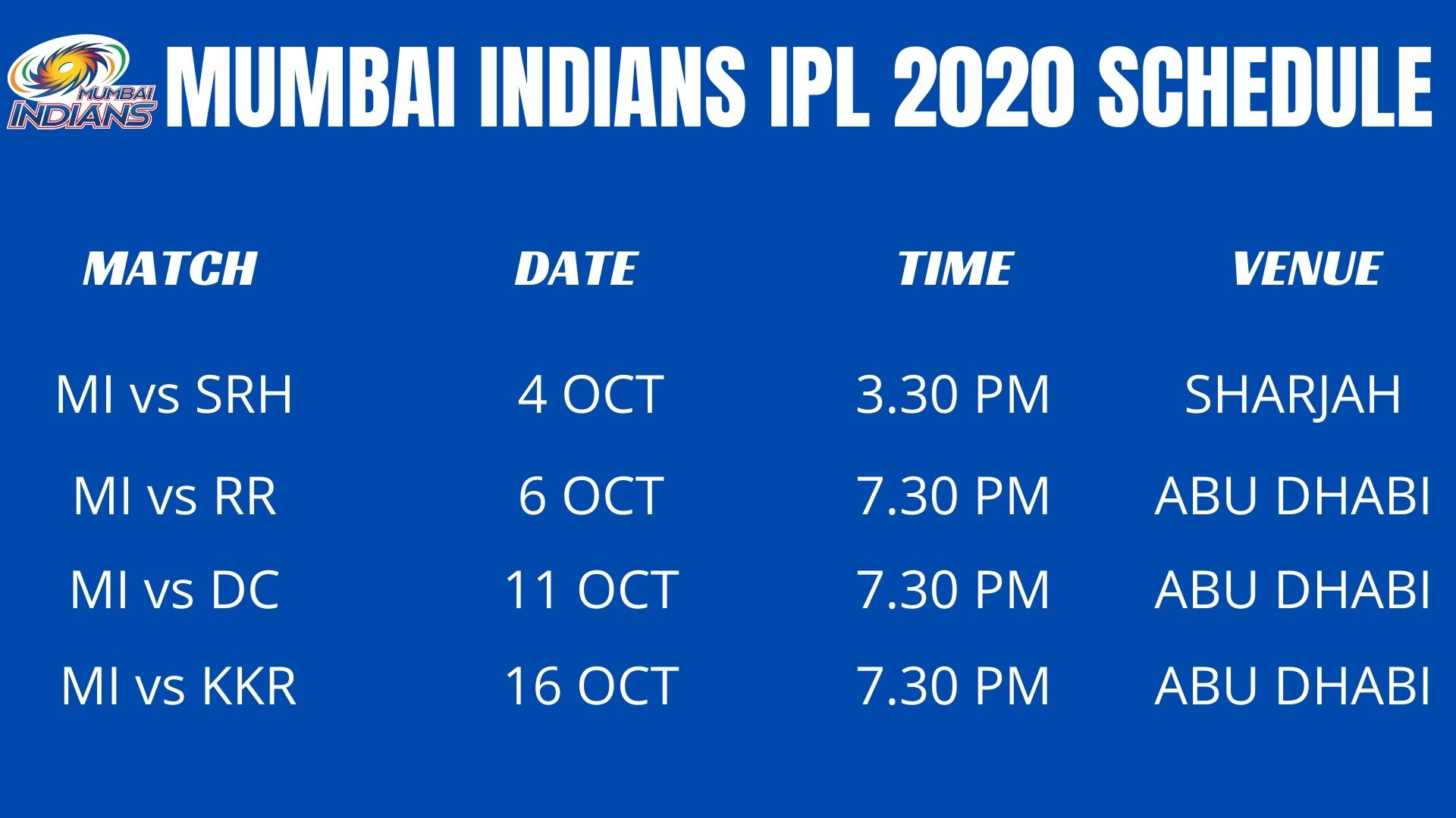 MUMBAI INDIANS IPL 2020 SCHEDULE