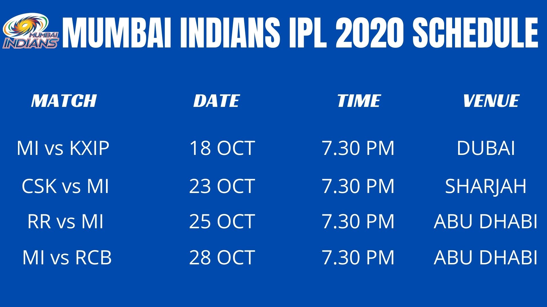 MUMBAI INDIANS IPL 2020 SCHEDULE