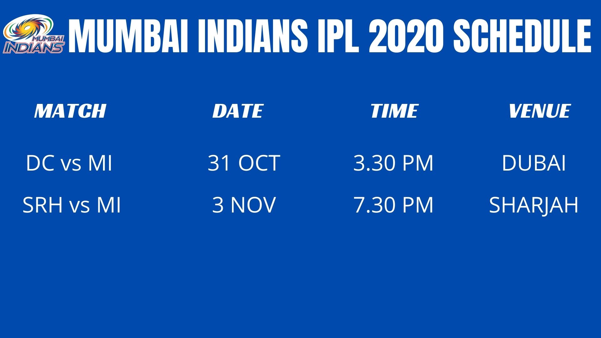 MUMBAI INDIANS IPL 2020 SCHEDULE