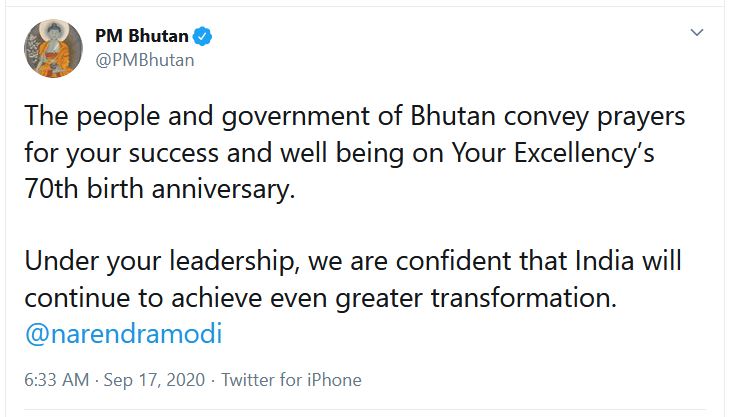 Bhutan PM wishes Modi on 70th birthday