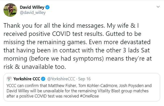 David Willey, England Cricket Team, COVID- 19 Positive