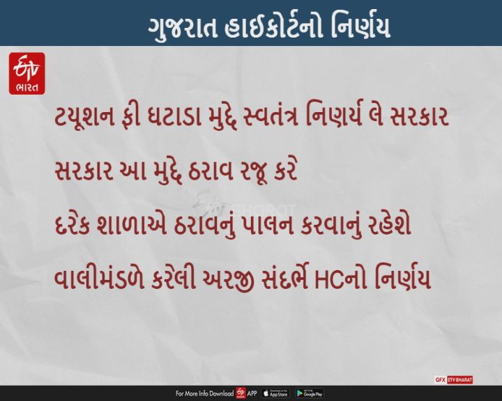 ટયૂશન ફી ઘટાડા મુદ્દે રાજ્ય સરકાર સ્વતંત્ર નિણર્ય લે - હાઈકોર્ટ