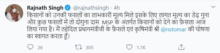 rajnath singh tweet on msp