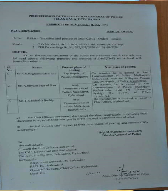 dgp mahendar transferred malkajgiri acp