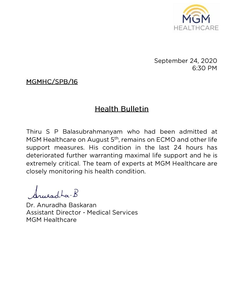 Statement issued by MGM Hospital regarding Singer S P Balasubrahmanyam's health condition