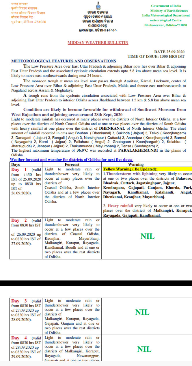 _weather update: heavey rain expected in next 24 hours yellow wrning for some district of odisha