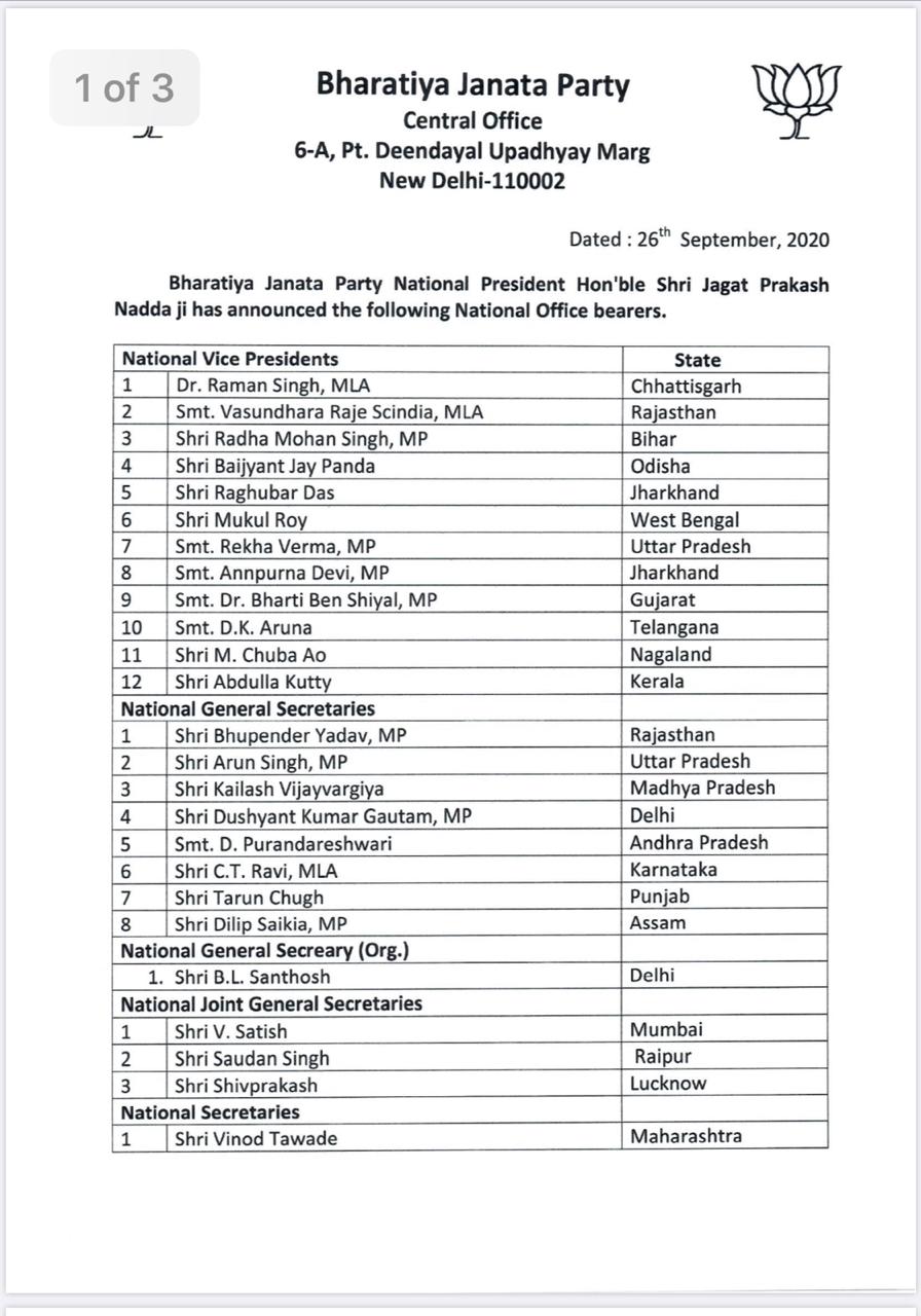 ബിജെപി പ്രസിഡന്‍റ് ജെപി നദ്ദ  ബിജെപി  പാർട്ടി പ്രസിഡന്‍റ്  മുൻ ഹിമാചൽപ്രദേശ് മന്ത്രി ജെപി നദ്ദ  BJP President JP nadda  BJP  Ex Himachal pradesh minister JP Nadda  BJP President  new BJP National office bearers  ഭാരതീയ ജനതാ പാർട്ടി (ബിജെപി) പുതിയ ദേശീയ ഭാരവാഹികൾ