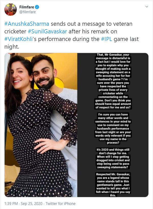 Flimfare posted Anushka Sharma's full statement on its Twitter account.