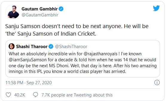 Shashi tharoor calls sanju samson next ms dhoni