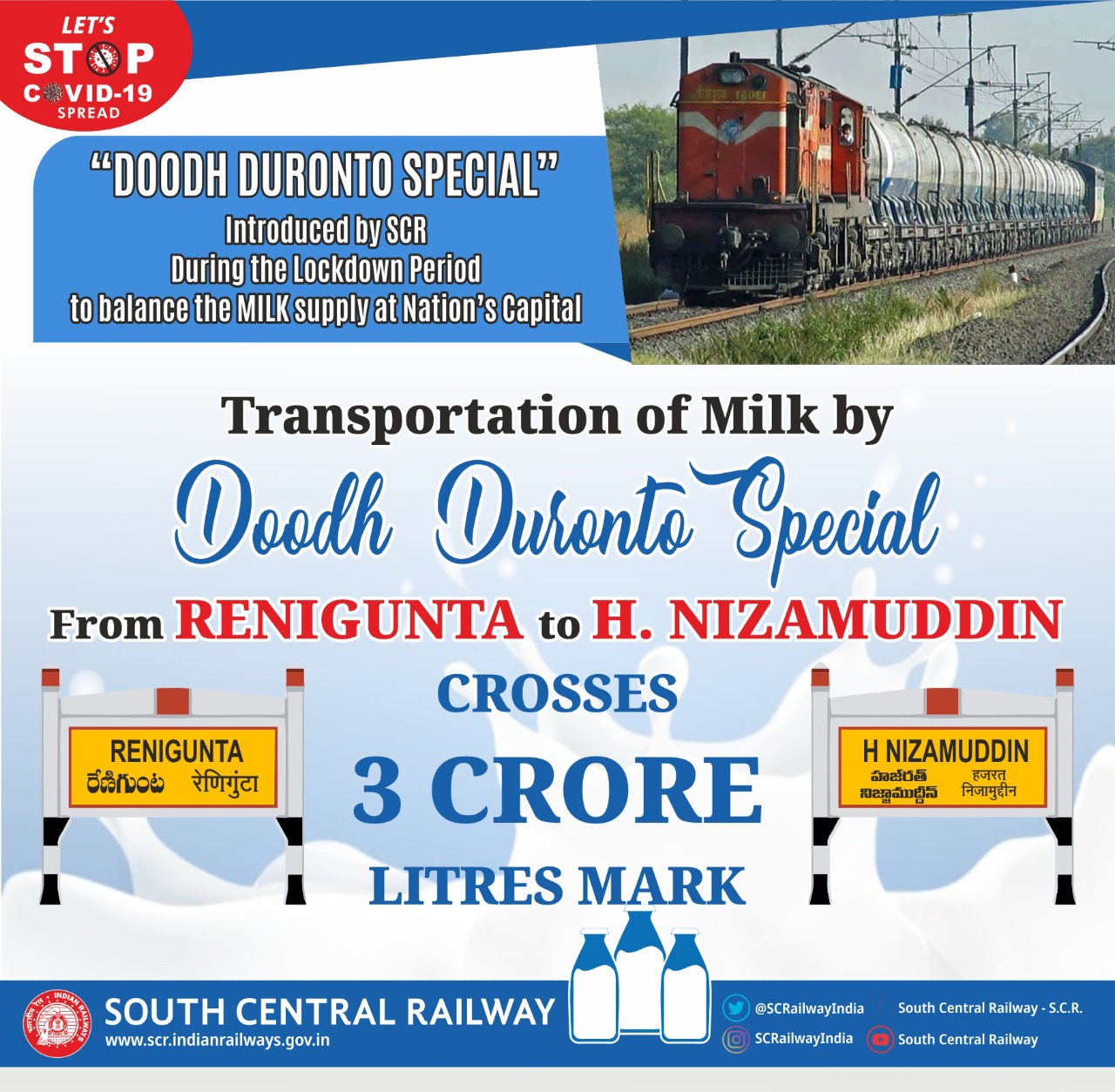 South Central Railway ships 3 cr litres milk from AP to Delhi