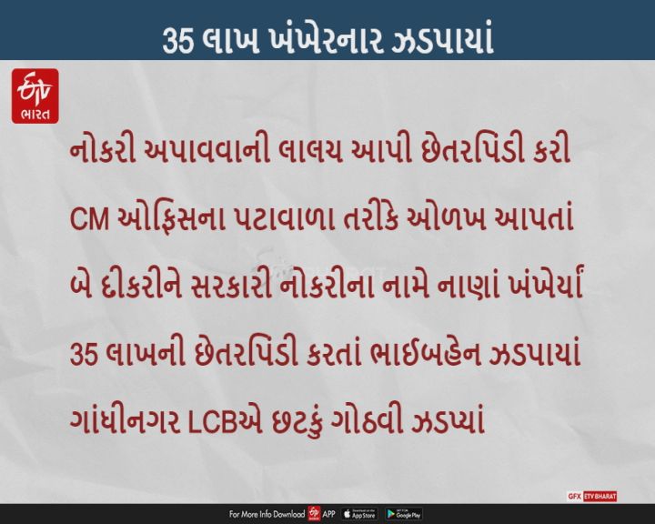 CM કાર્યાલયમાં પટાવાળા તરીકે કામગીરી કરું છું તેમ કહી 35 લાખ ખંખેરી લેનાર ભાઈબહેન ઝડપાયાં