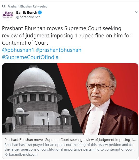 Bhushan files fresh review plea in SC against punishment in contempt case