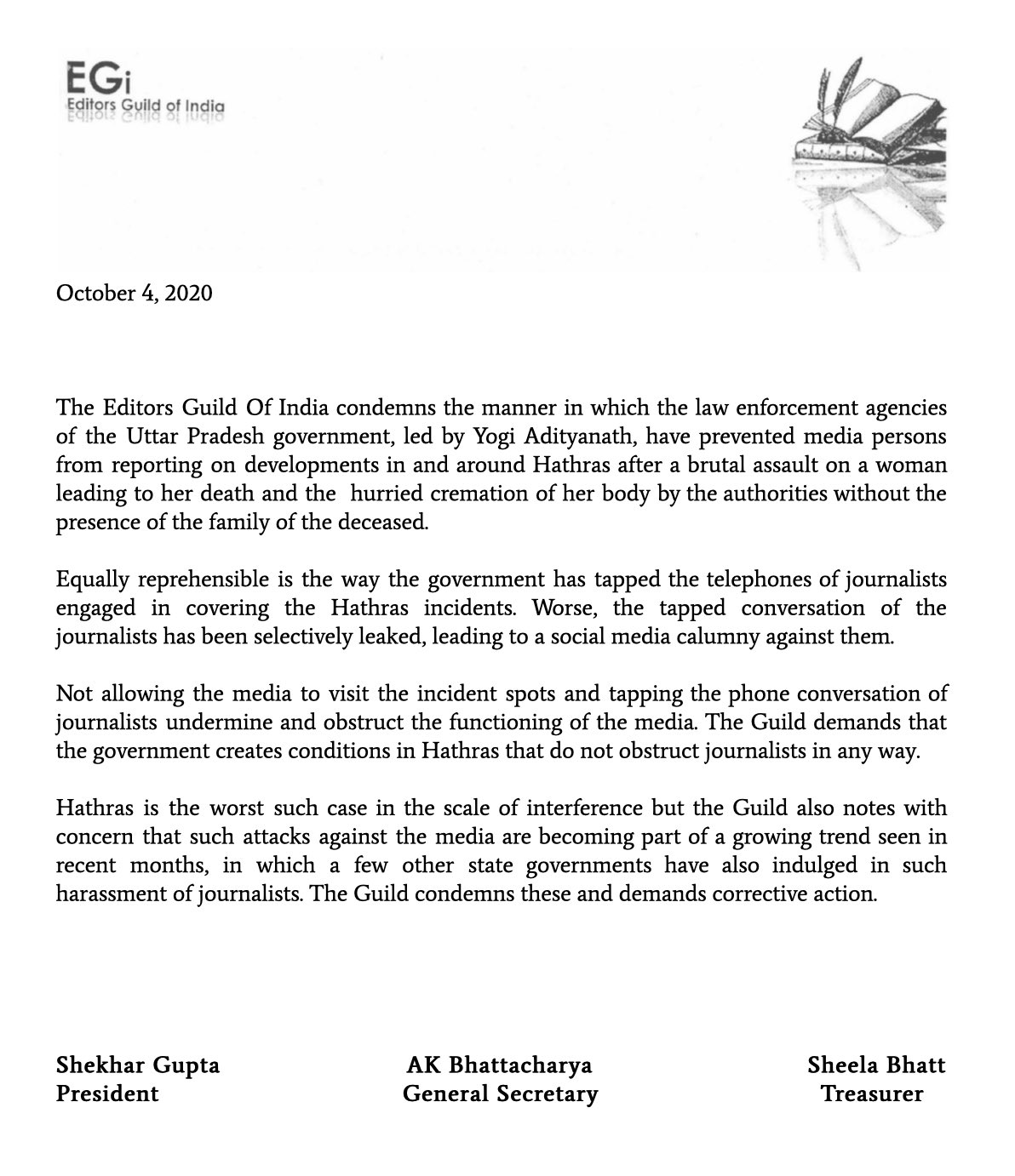 Editors Guild of India issues statement condemning UP government