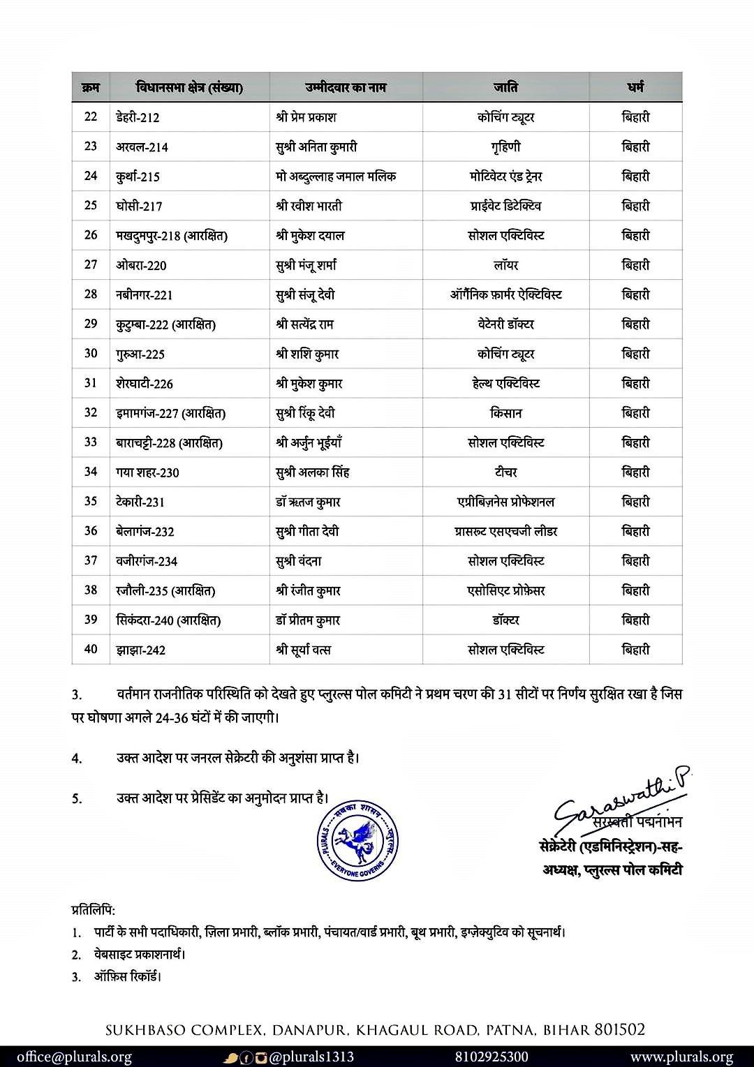 Plurals Announce 40 Candidate List For First Phase Election