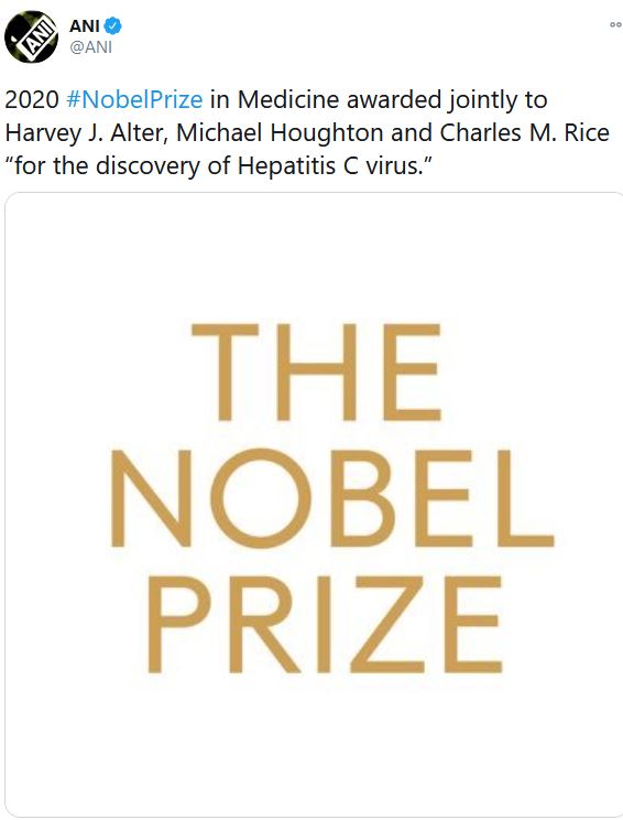 ଚିକିତ୍ସା କ୍ଷେତ୍ରରେ ନୋବେଲ ପୁରସ୍କାର ଘୋଷଣା, ହେପାଟାଇଟିସ୍‌-ସି ଆବିଷ୍କାର କରିଥିବା 3 ବୈଜ୍ଞାନିକ ସମ୍ମାନିତ