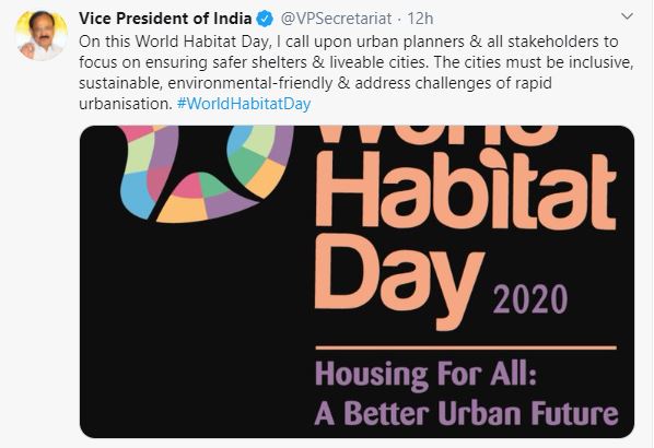 vice president m venkaiah naidu congratulates on international housing day