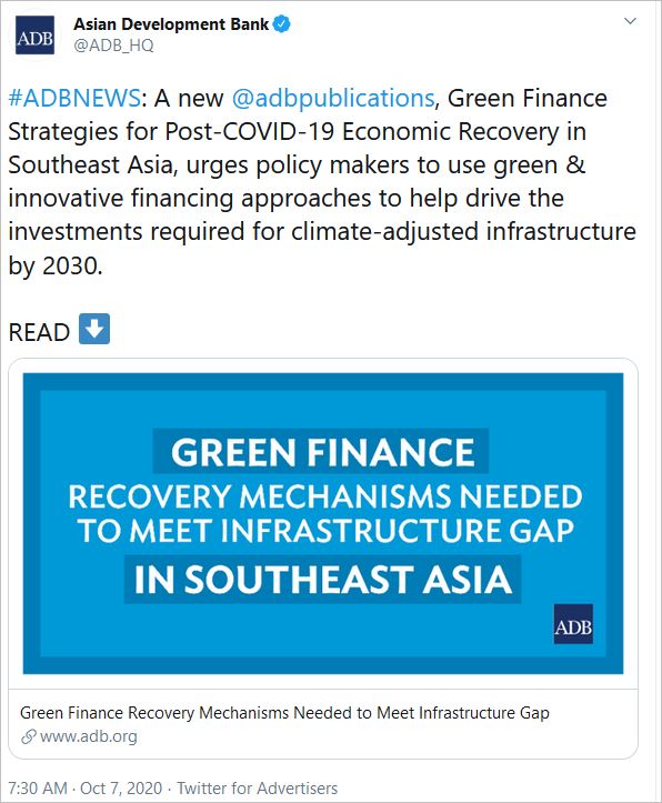 green finance recovery mechanisms needed to meet infrastructure gap in southeast asia: adb