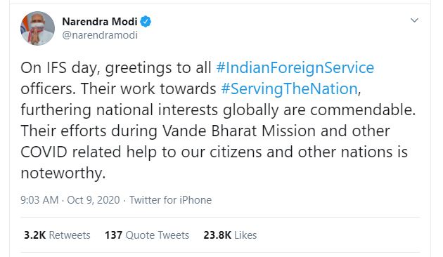 PM Modi extends greetings to officers on Indian Foreign Service Day