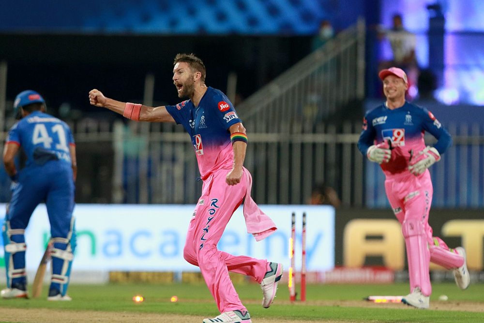 Andre Tye celebrates after taking the wicket of Axar Patel.