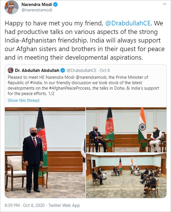 Abdullah Abdullah discusses peace process with top Indian leadership