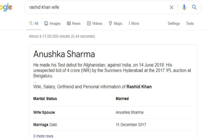 Afghan cricketer Rashid Khan's wife is Anushka Sharma