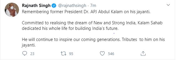 Defense Minister Rajnath Singh tweet