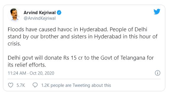 delhi govt will donate rs 15 cr to govt of telangana over relief of floods