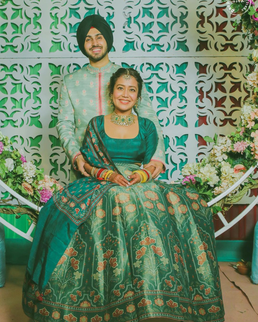 Neha and Rohanpreet Look Dreamy in Green at Mehendi Ceremony