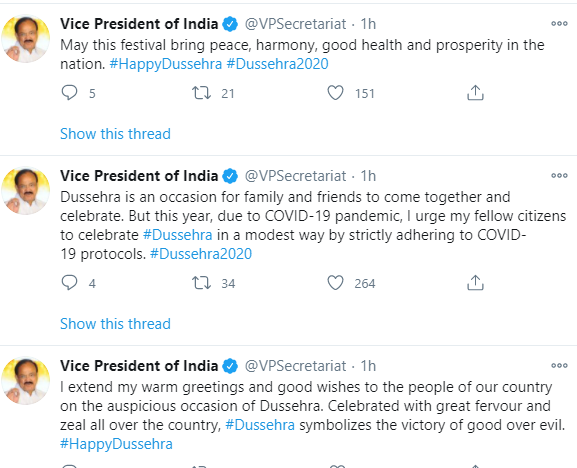 Vice President Naidu greets people on Dussehra