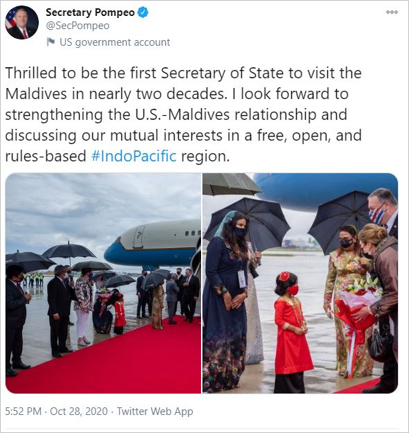 Pompeo arrives in Maldives for Indo-Pacific talks