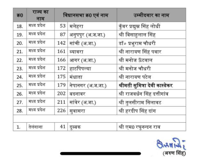 बीजेपी प्रत्याशी की लिस्ट.