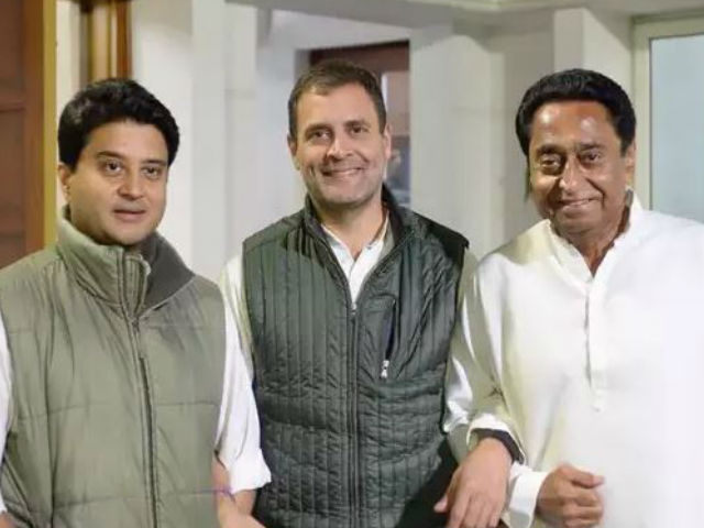 Rahul with Scindia and Kamal Nath