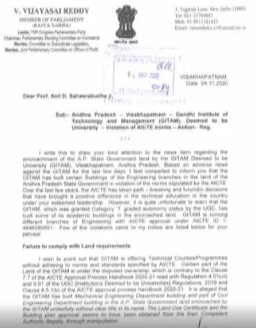 ycp mp vijayasai reddy letter to aicte about gitam university