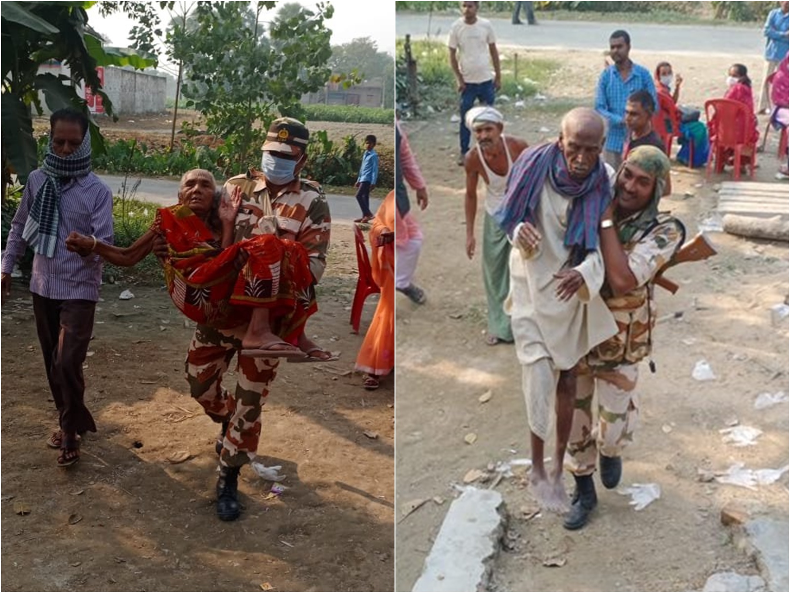 Indo-Tibetan Border Police jawans were seen carrying elderly voters to a polling booth in Muzaffarpur.