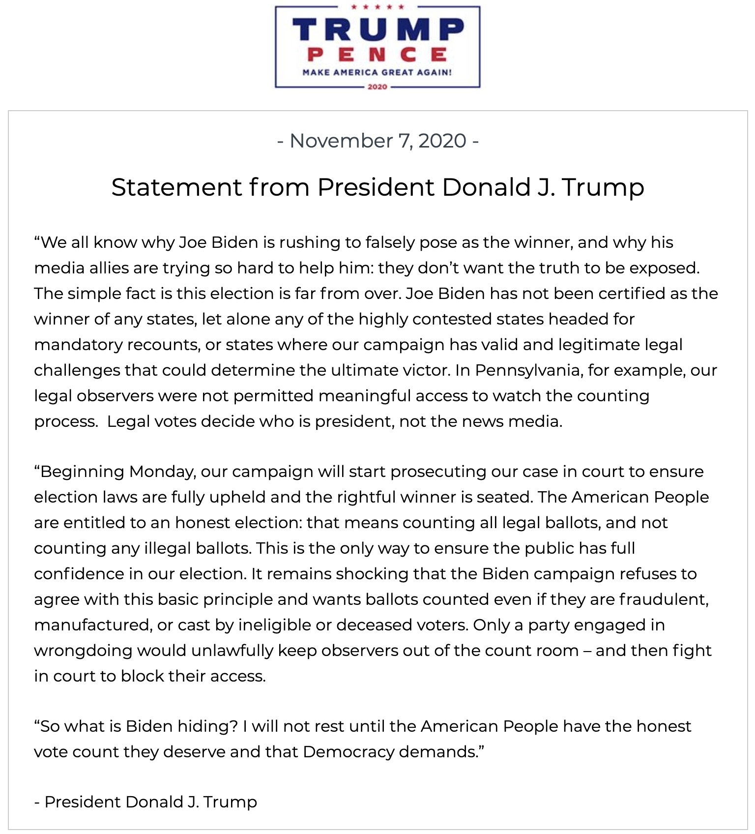 Trump issues statement on Biden win