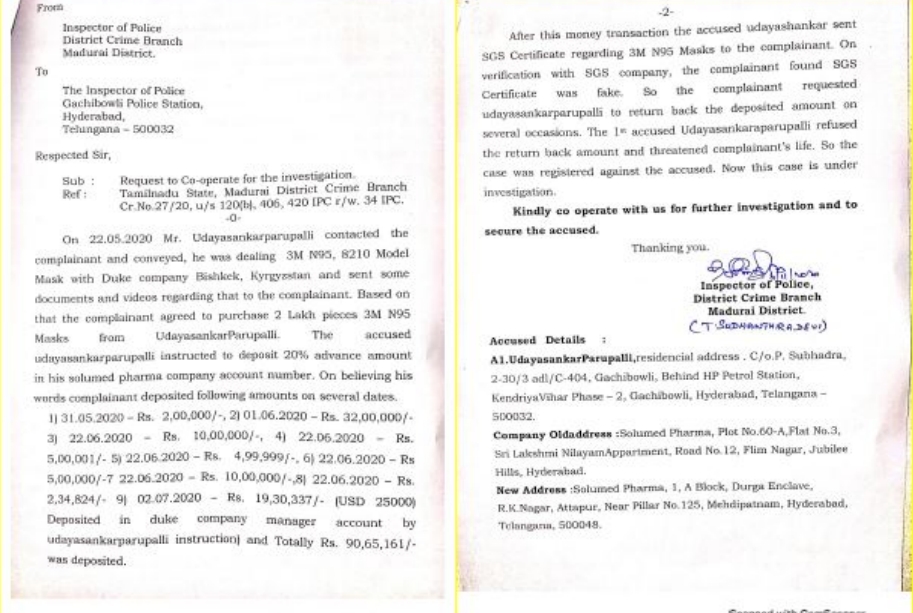 Tamil Nadu police have written to Hyderabad police to cooperate with the investigation.