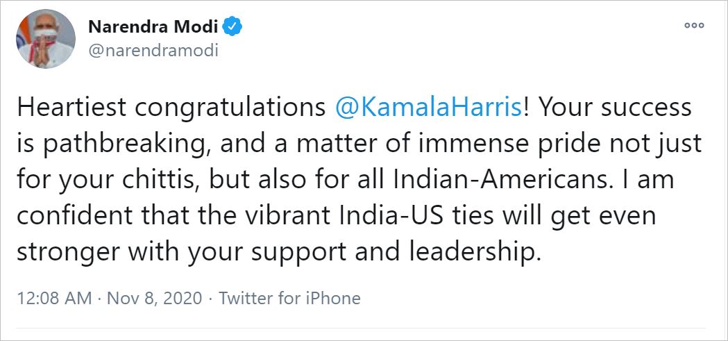 Indian leaders congratulate Biden and Harris