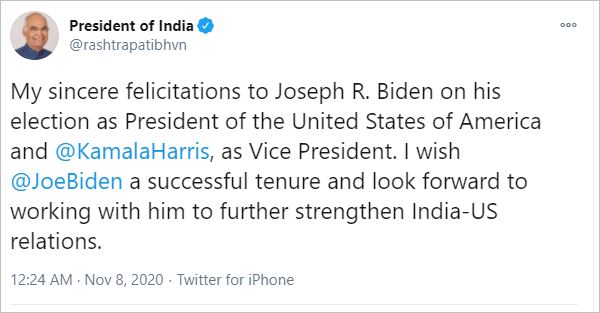 Indian leaders congratulate Biden and Harris